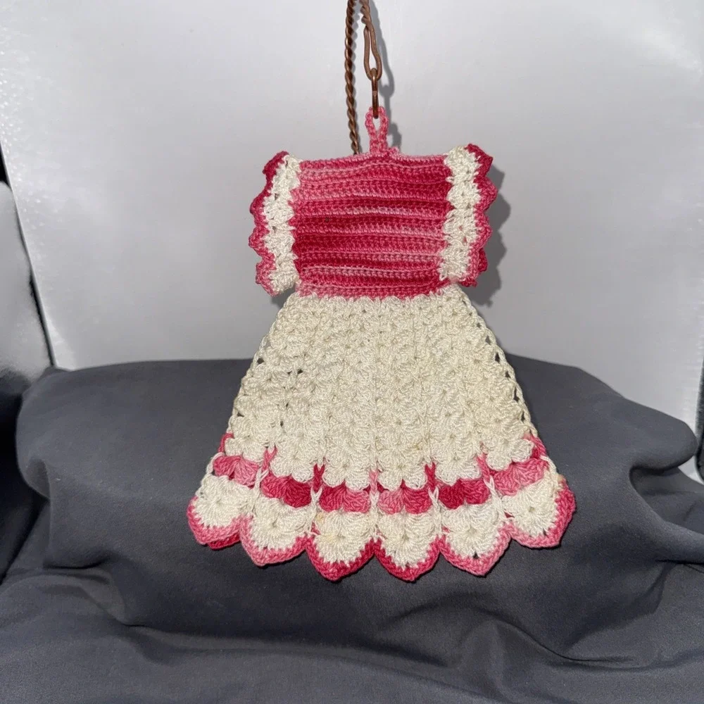 Vintage Crochet  White / Pink Bottle Dress - Trivet/Potholder  Ornament Preowned